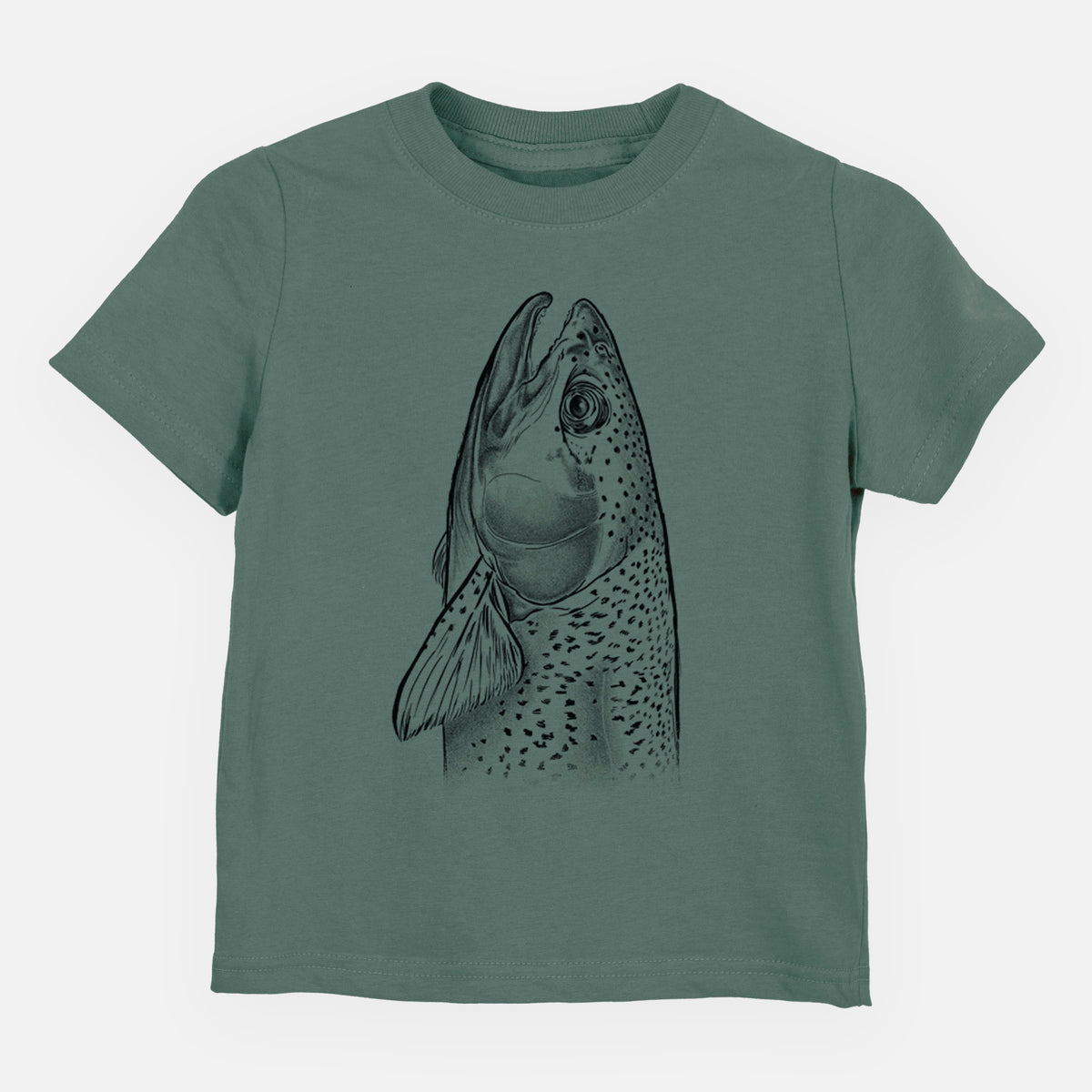 Basil green toddler t-shirt laid flat, printed with a detailed black ink illustration of a rainbow trout's head pointing upward, showing its spotted scales.