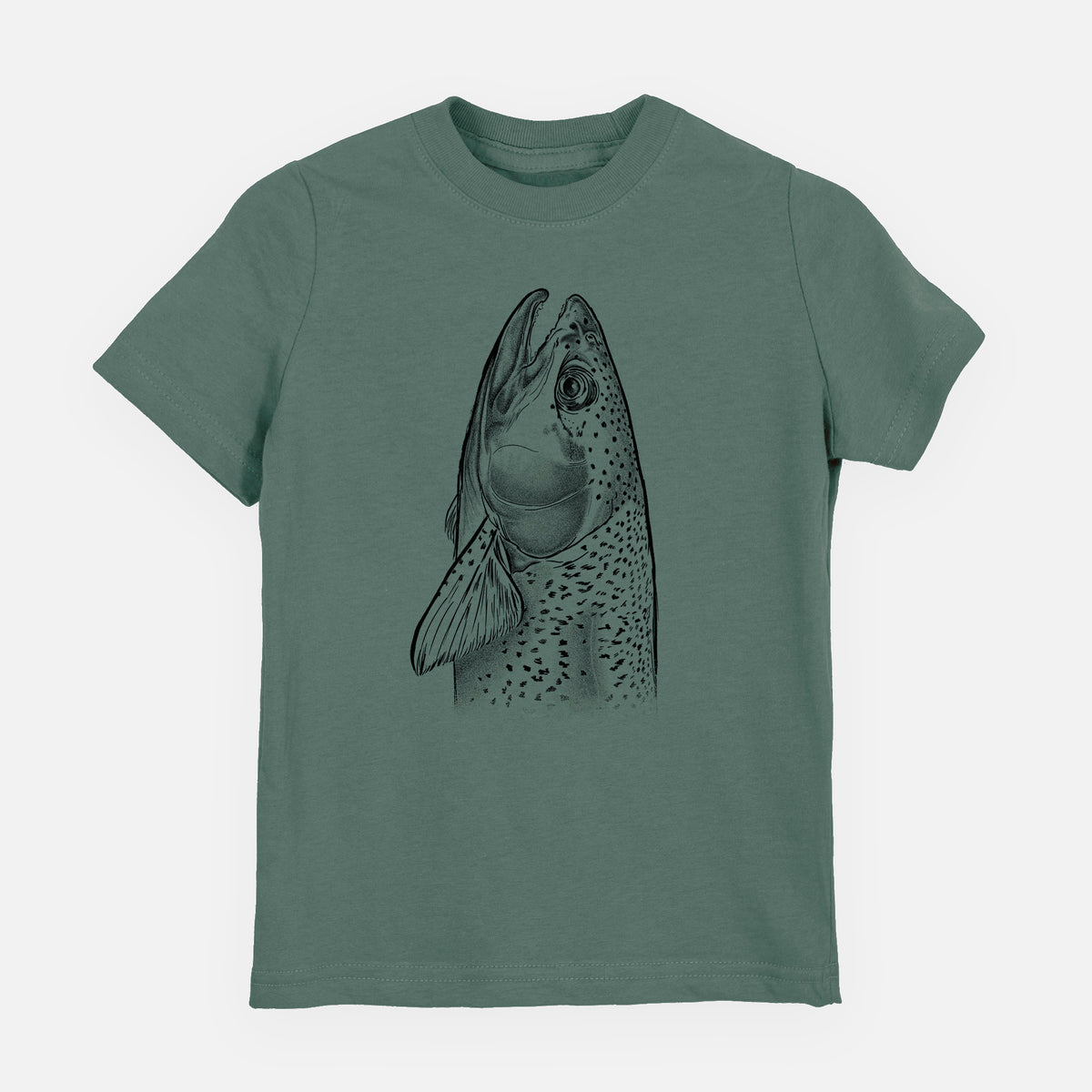 Basil green youth t-shirt laid flat, printed with a detailed black ink illustration of a rainbow trout's head pointing upward, showing its spotted scales.