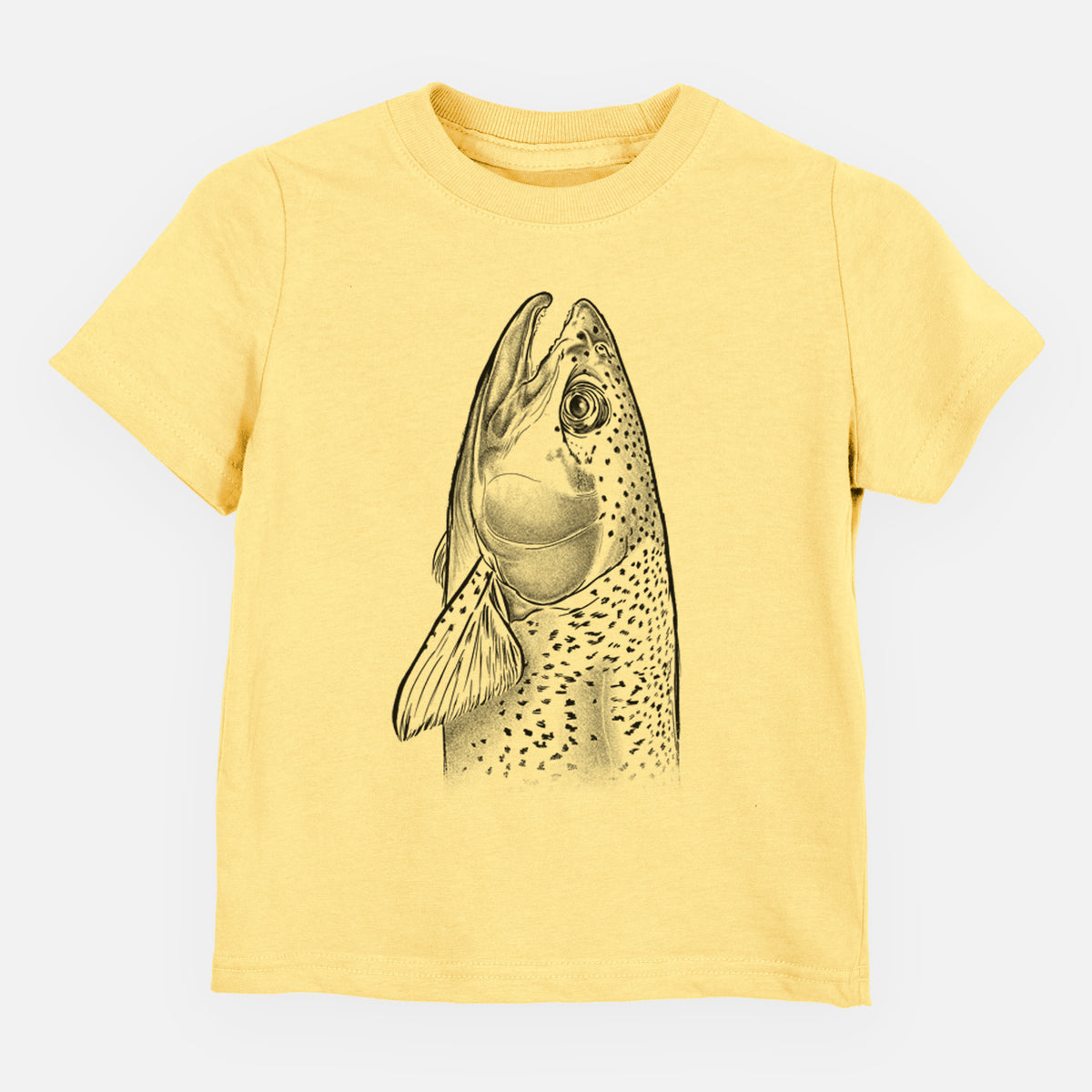 Butter yellow toddler t-shirt laid flat, printed with a detailed black ink illustration of a rainbow trout's head pointing upward, showing its spotted scales.
