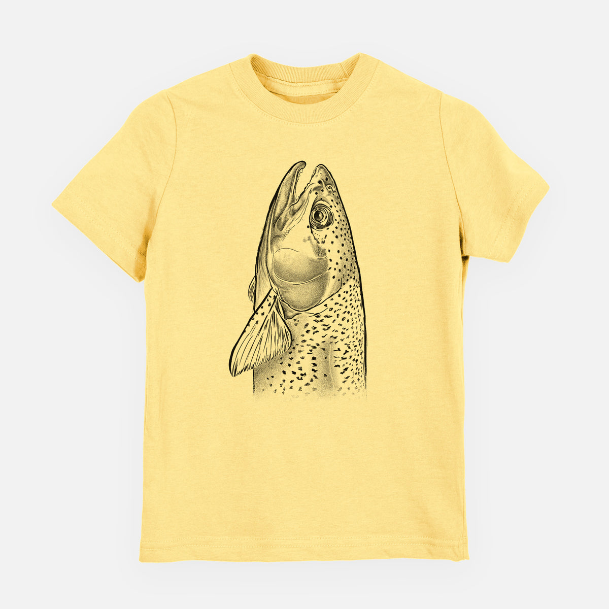 Butter yellow youth t-shirt laid flat, printed with a detailed black ink illustration of a rainbow trout's head pointing upward, showing its spotted scales.