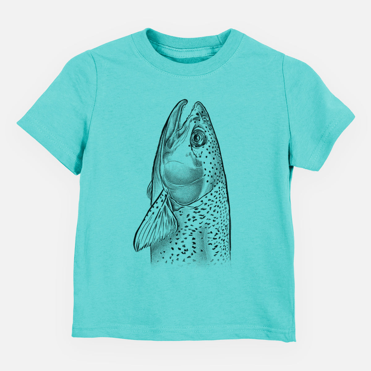 Caribbean blue toddler t-shirt laid flat, printed with a detailed black ink illustration of a rainbow trout's head pointing upward, showing its spotted scales.