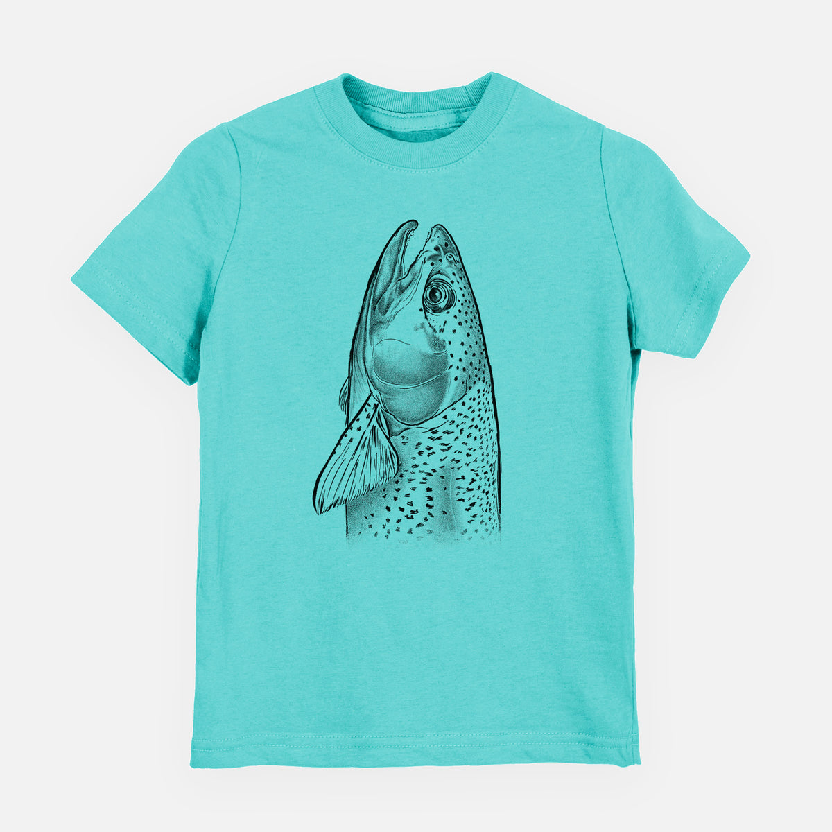 Caribbean blue youth t-shirt laid flat, printed with a detailed black ink illustration of a rainbow trout's head pointing upward, showing its spotted scales.