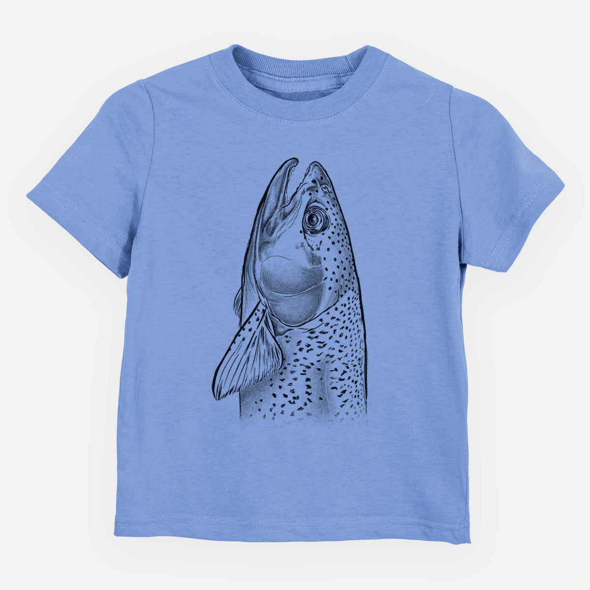 Carolina blue toddler t-shirt laid flat, printed with a detailed black ink illustration of a rainbow trout's head pointing upward, showing its spotted scales.
