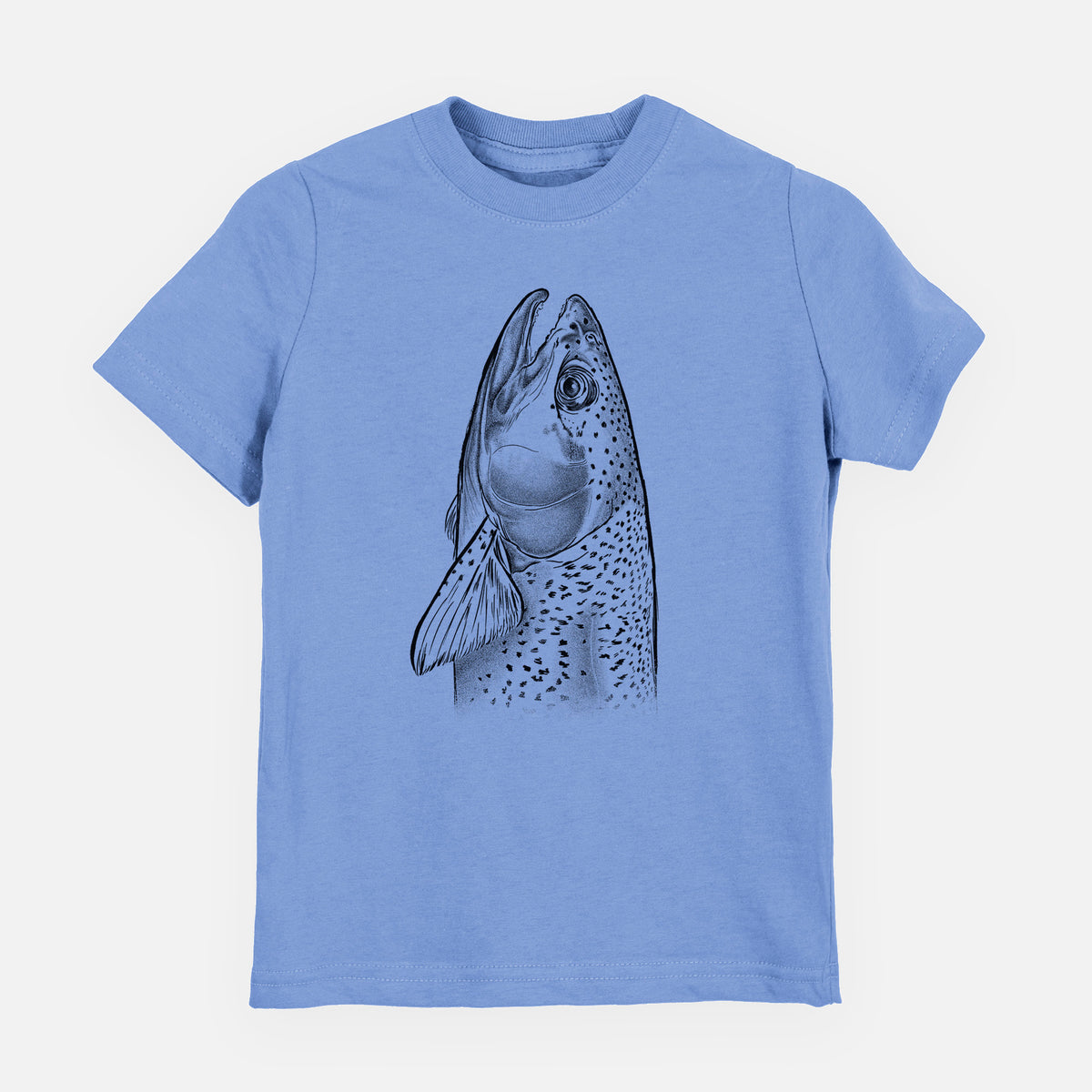 Carolina blue youth t-shirt laid flat, printed with a detailed black ink illustration of a rainbow trout's head pointing upward, showing its spotted scales.
