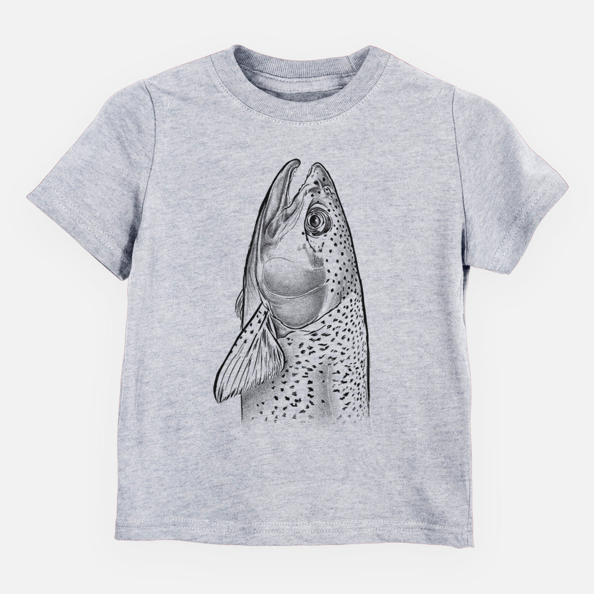 Heather grey toddler t-shirt laid flat, printed with a detailed black ink illustration of a rainbow trout's head pointing upward, showing its spotted scales.