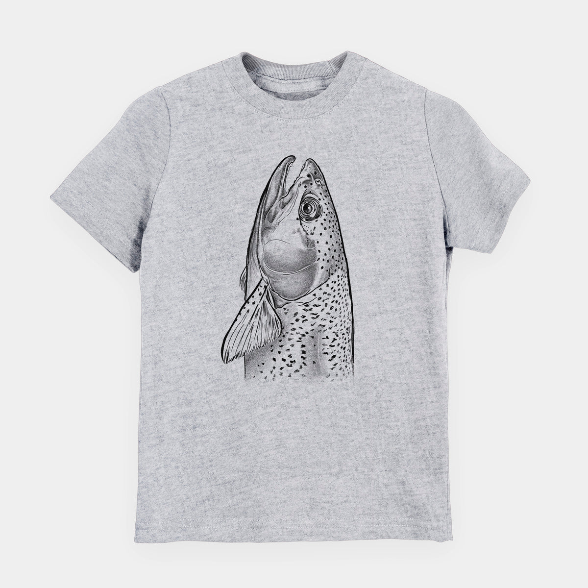 Heather grey youth t-shirt laid flat, printed with a detailed black ink illustration of a rainbow trout's head pointing upward, showing its spotted scales.