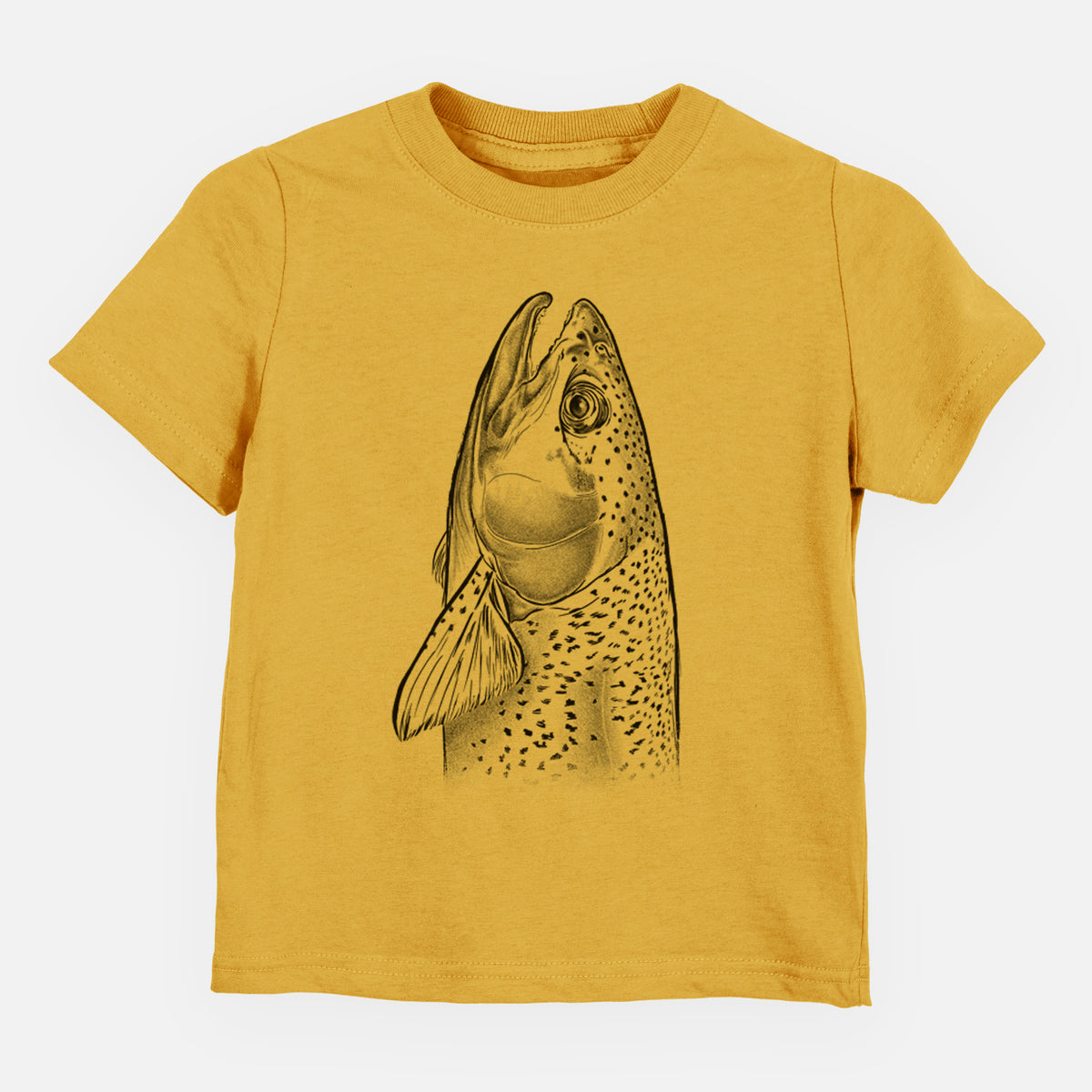 Honeycomb yellow toddler t-shirt laid flat, printed with a detailed black ink illustration of a rainbow trout's head pointing upward, showing its spotted scales.
