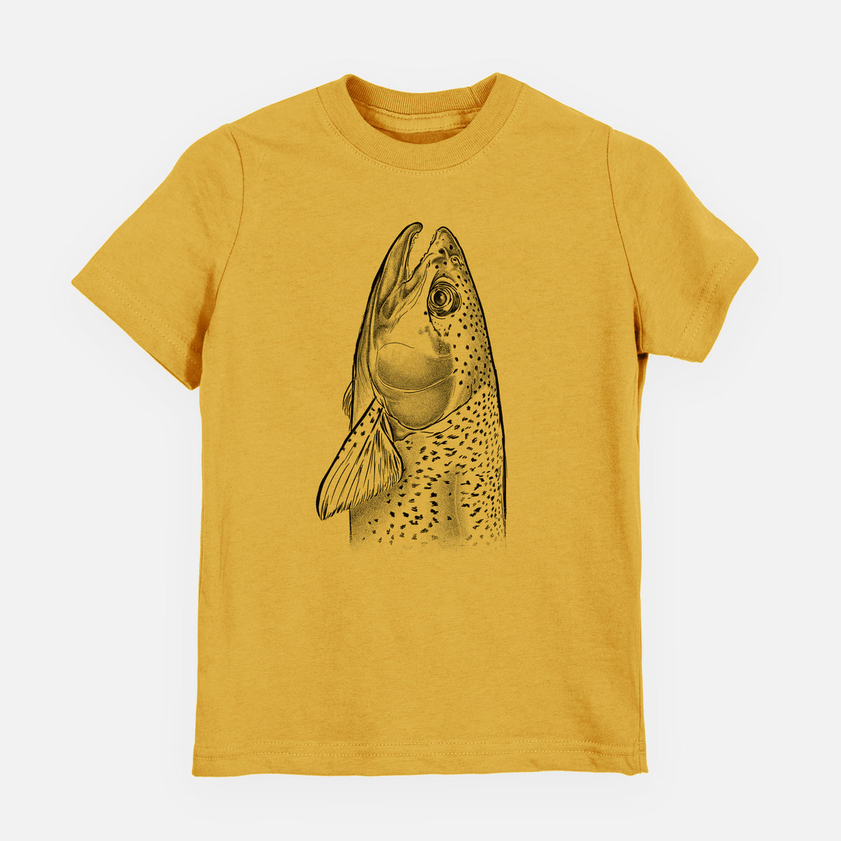 Honeycomb yellow youth t-shirt laid flat, printed with a detailed black ink illustration of a rainbow trout's head pointing upward, showing its spotted scales.