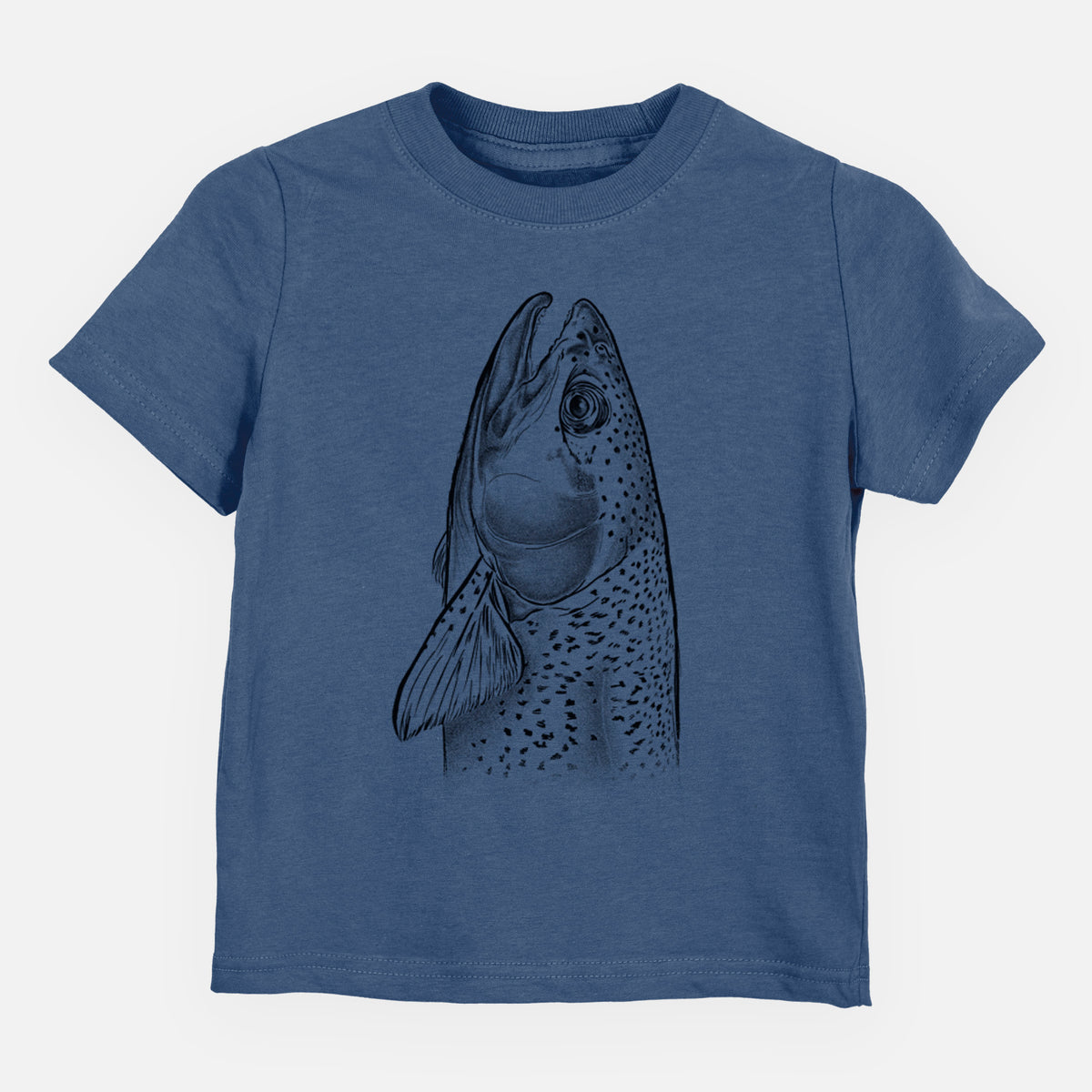 Indigo blue toddler t-shirt laid flat, printed with a detailed black ink illustration of a rainbow trout's head pointing upward, showing its spotted scales.