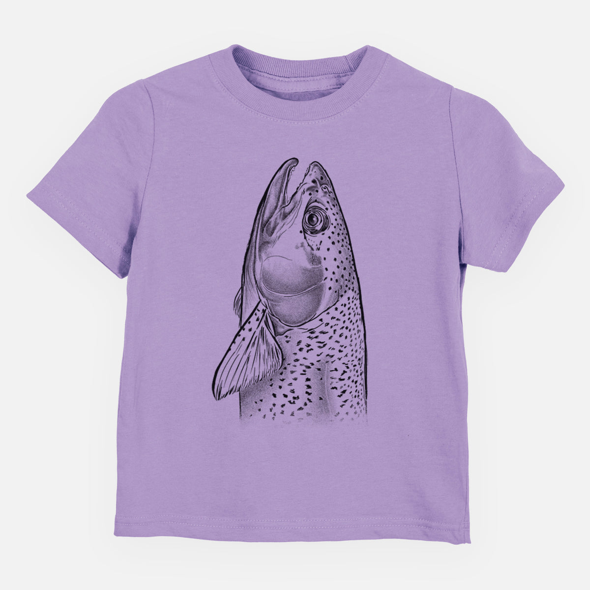 Lavender toddler t-shirt laid flat, printed with a detailed black ink illustration of a rainbow trout's head pointing upward, showing its spotted scales.