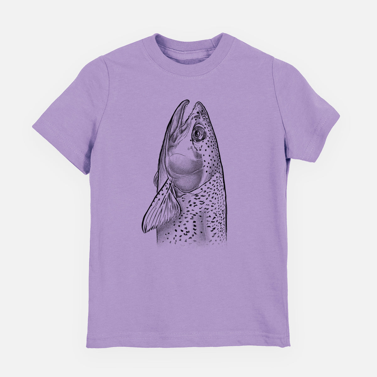 Lavender youth t-shirt laid flat, printed with a detailed black ink illustration of a rainbow trout's head pointing upward, showing its spotted scales.