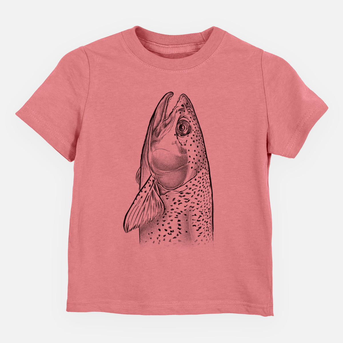 Mauve pink toddler t-shirt laid flat, printed with a detailed black ink illustration of a rainbow trout's head pointing upward, showing its spotted scales.