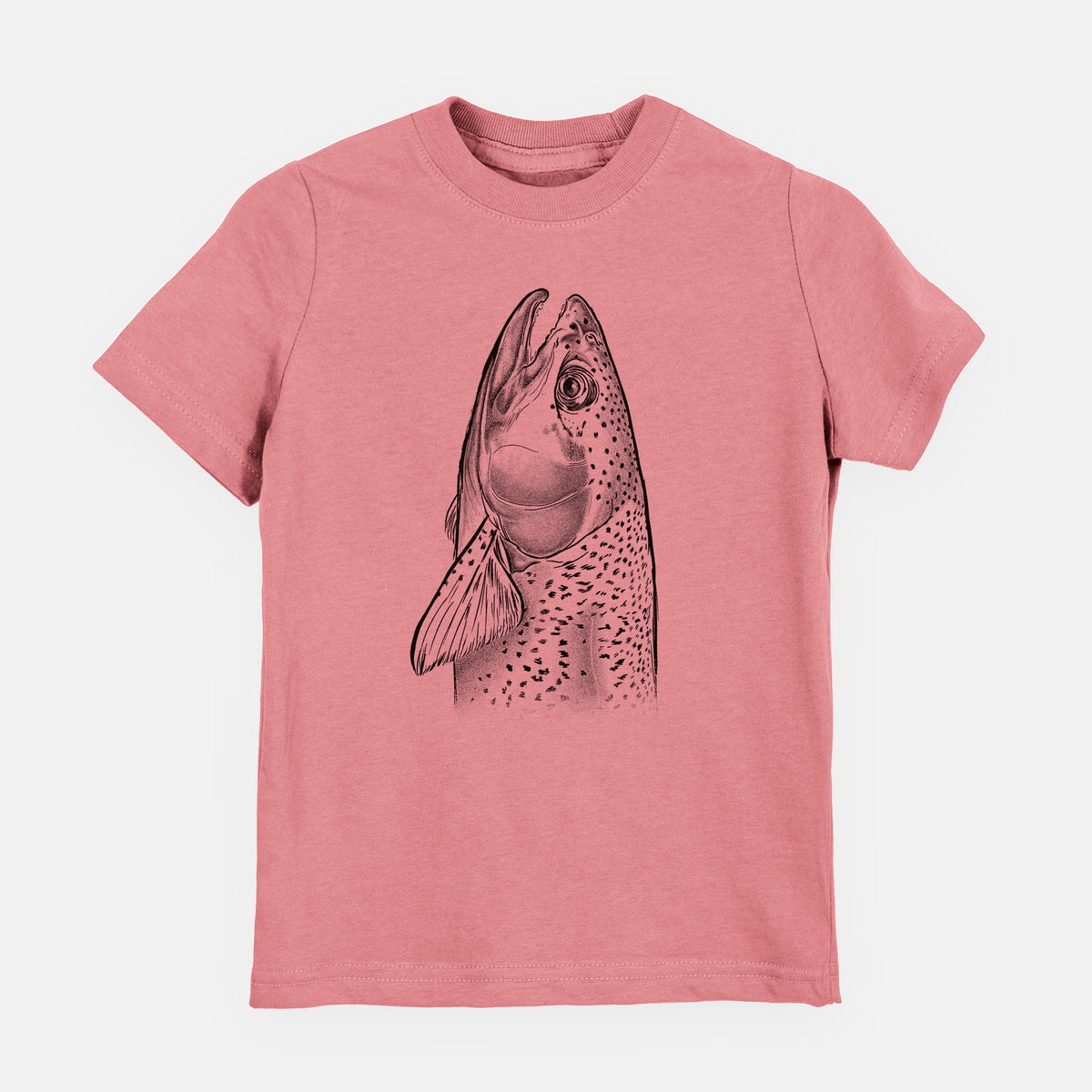 Mauve pink youth t-shirt laid flat, printed with a detailed black ink illustration of a rainbow trout's head pointing upward, showing its spotted scales.