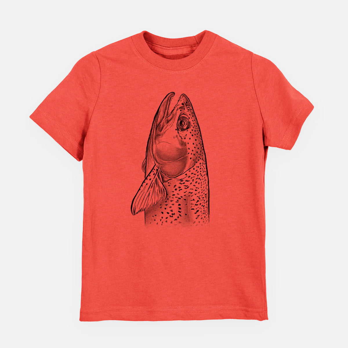 Passionfruit pink youth t-shirt laid flat, printed with a detailed black ink illustration of a rainbow trout's head pointing upward, showing its spotted scales.