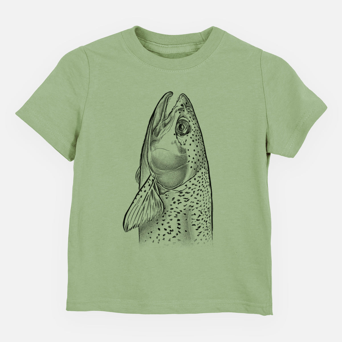 Sage green toddler t-shirt laid flat, printed with a detailed black ink illustration of a rainbow trout's head pointing upward, showing its spotted scales.