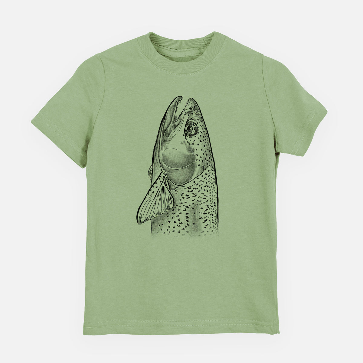 Sage green youth t-shirt laid flat, printed with a detailed black ink illustration of a rainbow trout's head pointing upward, showing its spotted scales.