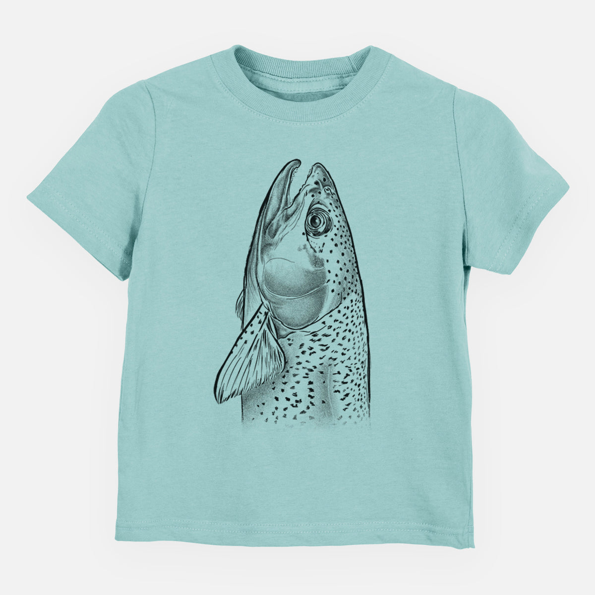 Saltwater toddler t-shirt laid flat, printed with a detailed black ink illustration of a rainbow trout's head pointing upward, showing its spotted scales.