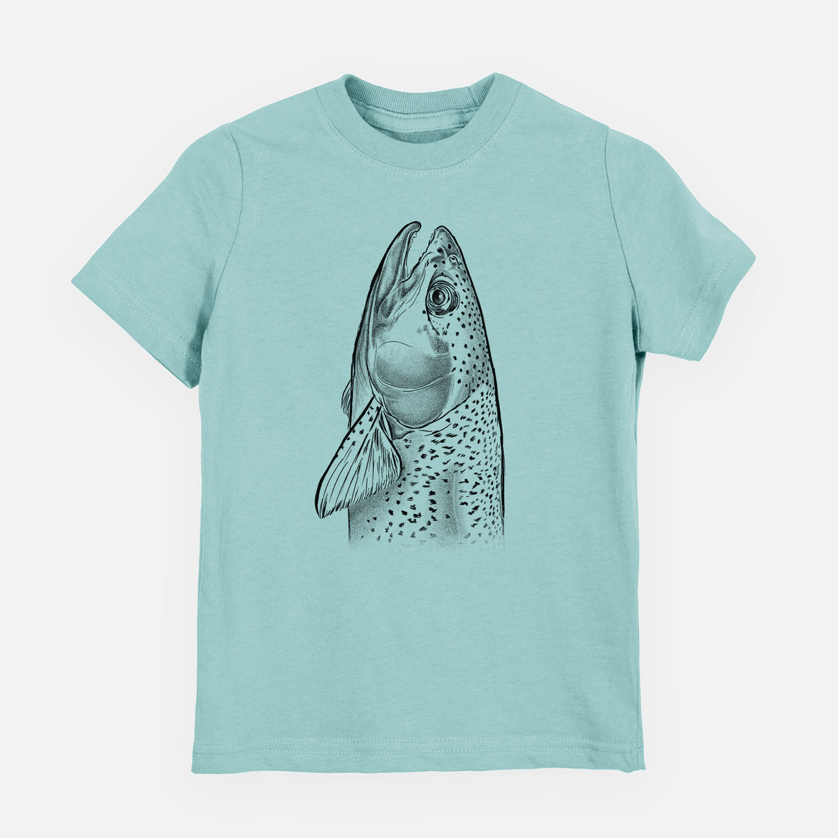 Saltwater youth t-shirt laid flat, printed with a detailed black ink illustration of a rainbow trout's head pointing upward, showing its spotted scales.