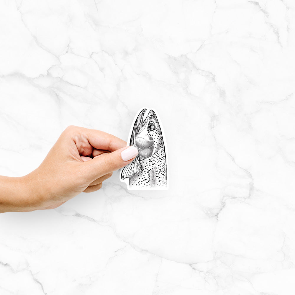Hand holding a 4 inch vinyl decal of a detailed black ink illustration of a rainbow trout's head pointing upward, showing its spotted scales.