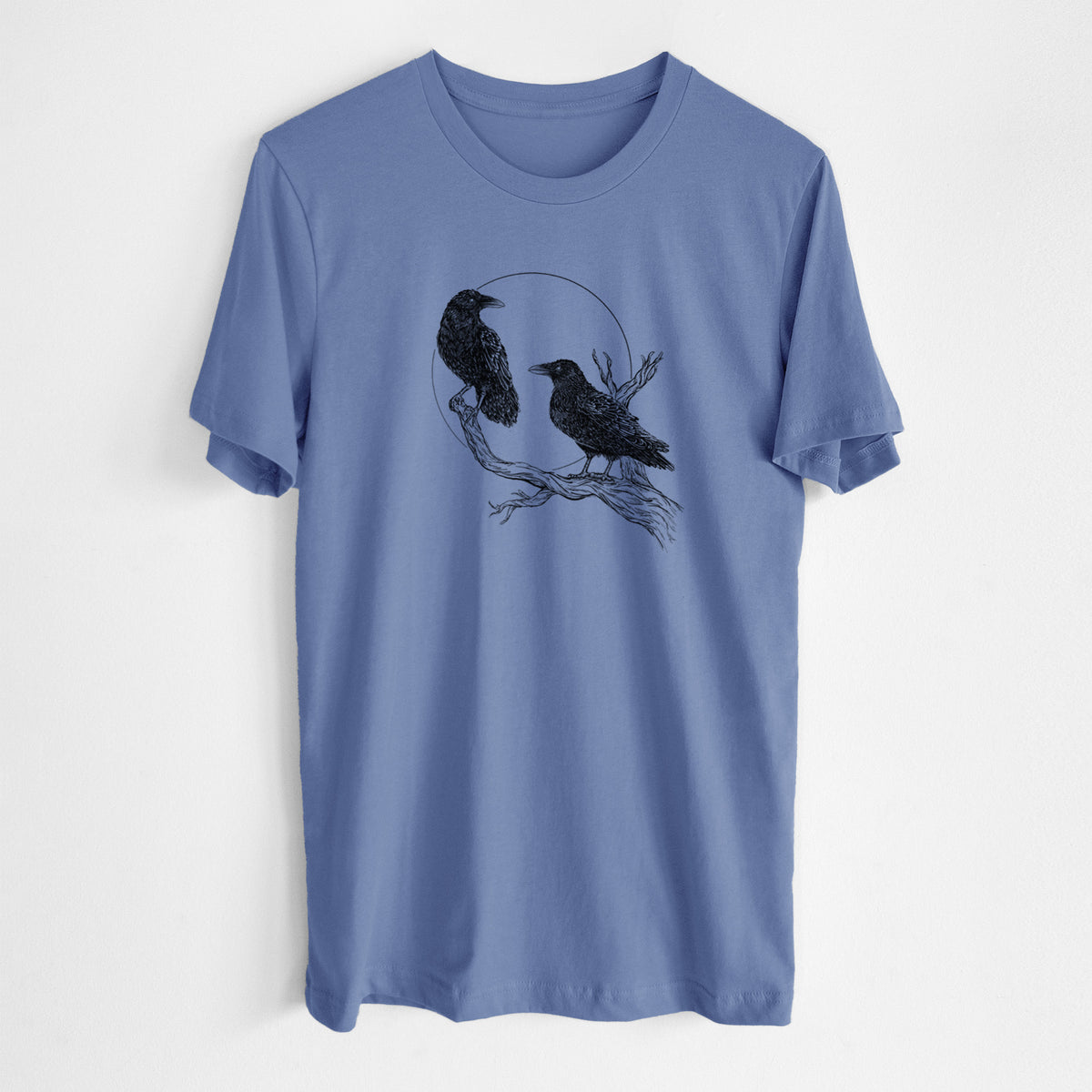 Blue bell lightweight cotton t-shirt laid flat, printed with a black ink illustration of two ravens perched on a branch in front of a full moon.