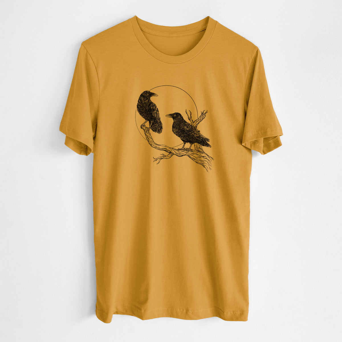 Honeycomb yellow lightweight cotton t-shirt laid flat, printed with a black ink illustration of two ravens perched on a branch in front of a full moon.