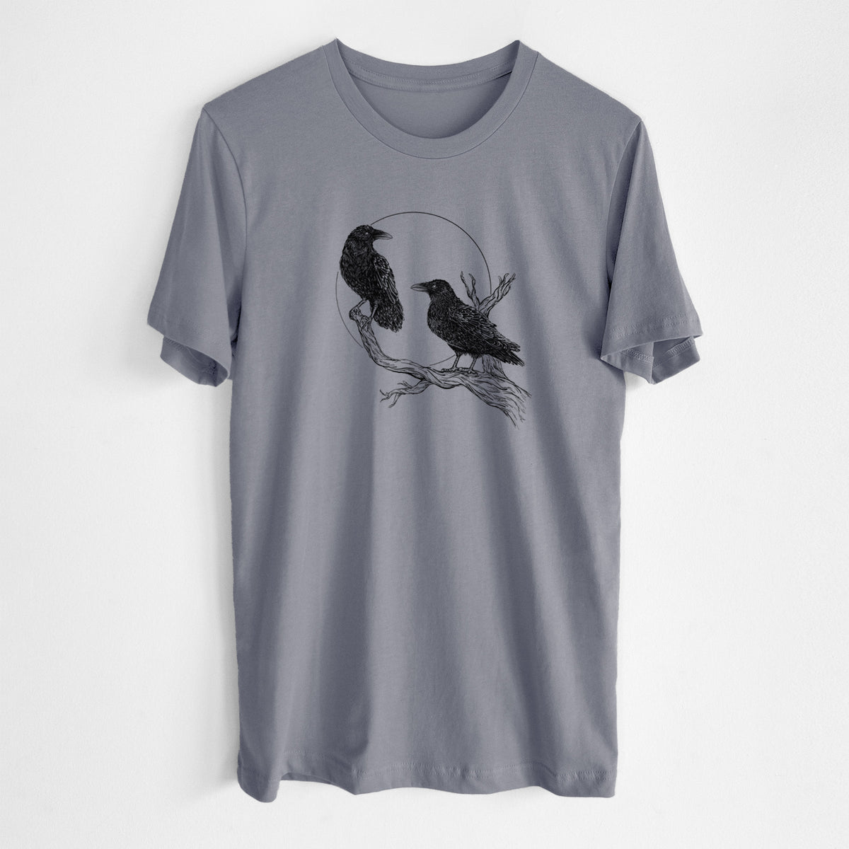 Storm grey lightweight cotton t-shirt laid flat, printed with a black ink illustration of two ravens perched on a branch in front of a full moon.