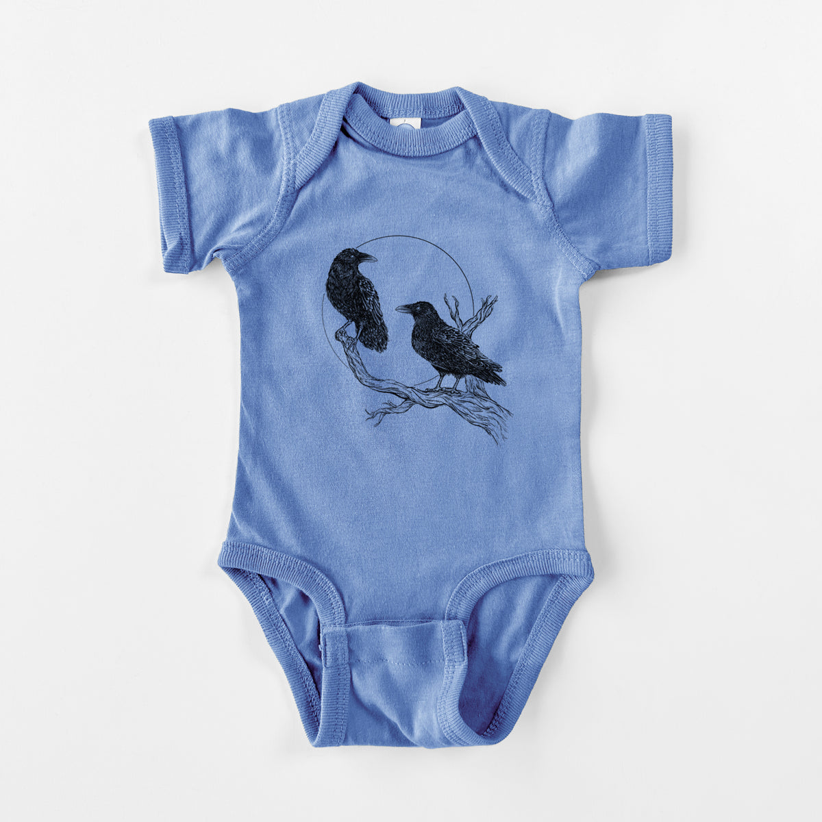 Carolina blue baby bodysuit laid flat, printed with a black ink illustration of two ravens perched on a branch in front of a full moon.