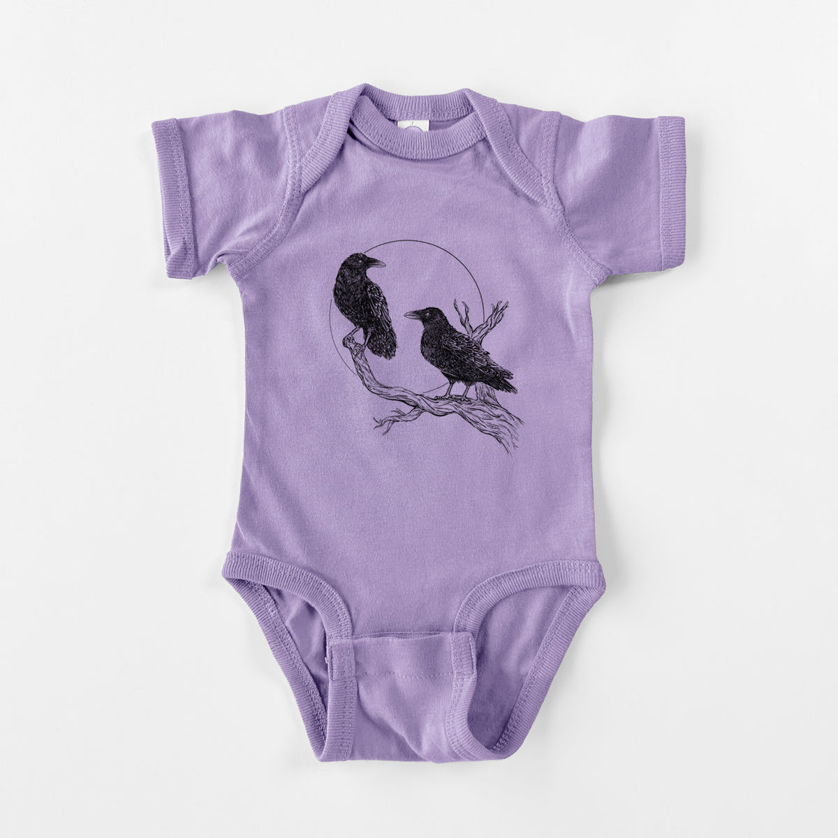 Lavender baby bodysuit laid flat, printed with a black ink illustration of two ravens perched on a branch in front of a full moon.