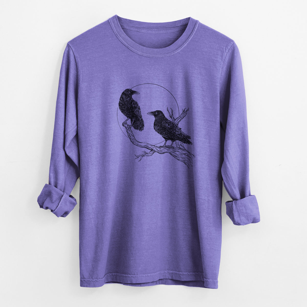 Violet purple Comfort Colors long sleeve shirt laid flat with the cuffs rolled, printed with a black ink illustration of two ravens perched on a branch in front of a full moon.