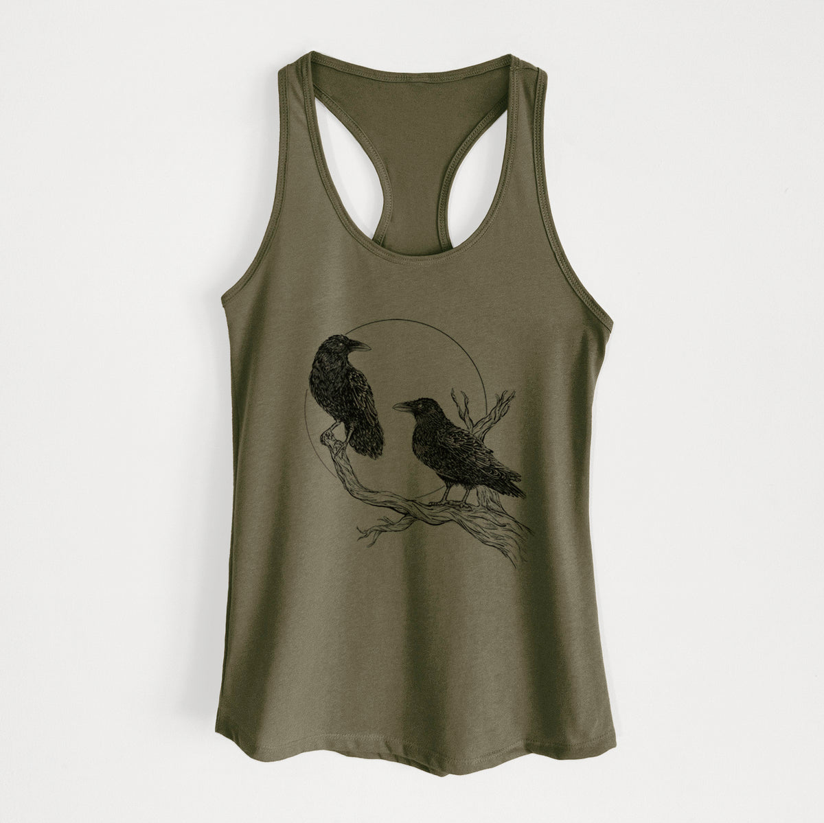 Military green women's racerback tank top laid flat, printed with a black ink illustration of two ravens perched on a branch in front of a full moon.