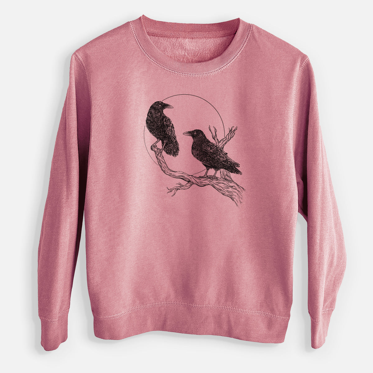 Mauve pink youth crewneck sweatshirt laid flat, printed with a black ink illustration of two ravens perched on a branch in front of a full moon.