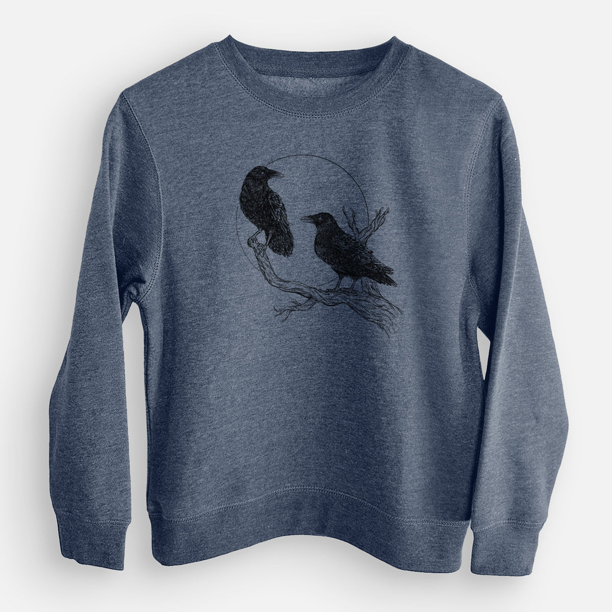 Storm blue youth crewneck sweatshirt laid flat, printed with a black ink illustration of two ravens perched on a branch in front of a full moon.