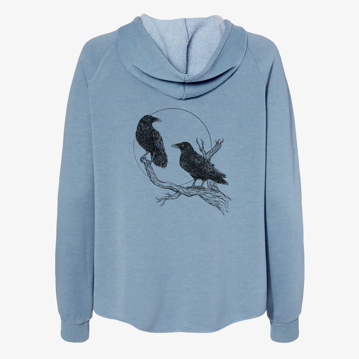 Misty blue women's Cali Wave zip-up sweatshirt laid flat, printed with a black ink illustration of two ravens perched on a branch in front of a full moon.