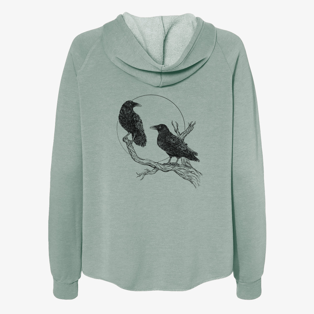 Sage green women's Cali Wave zip-up sweatshirt laid flat, printed with a black ink illustration of two ravens perched on a branch in front of a full moon.