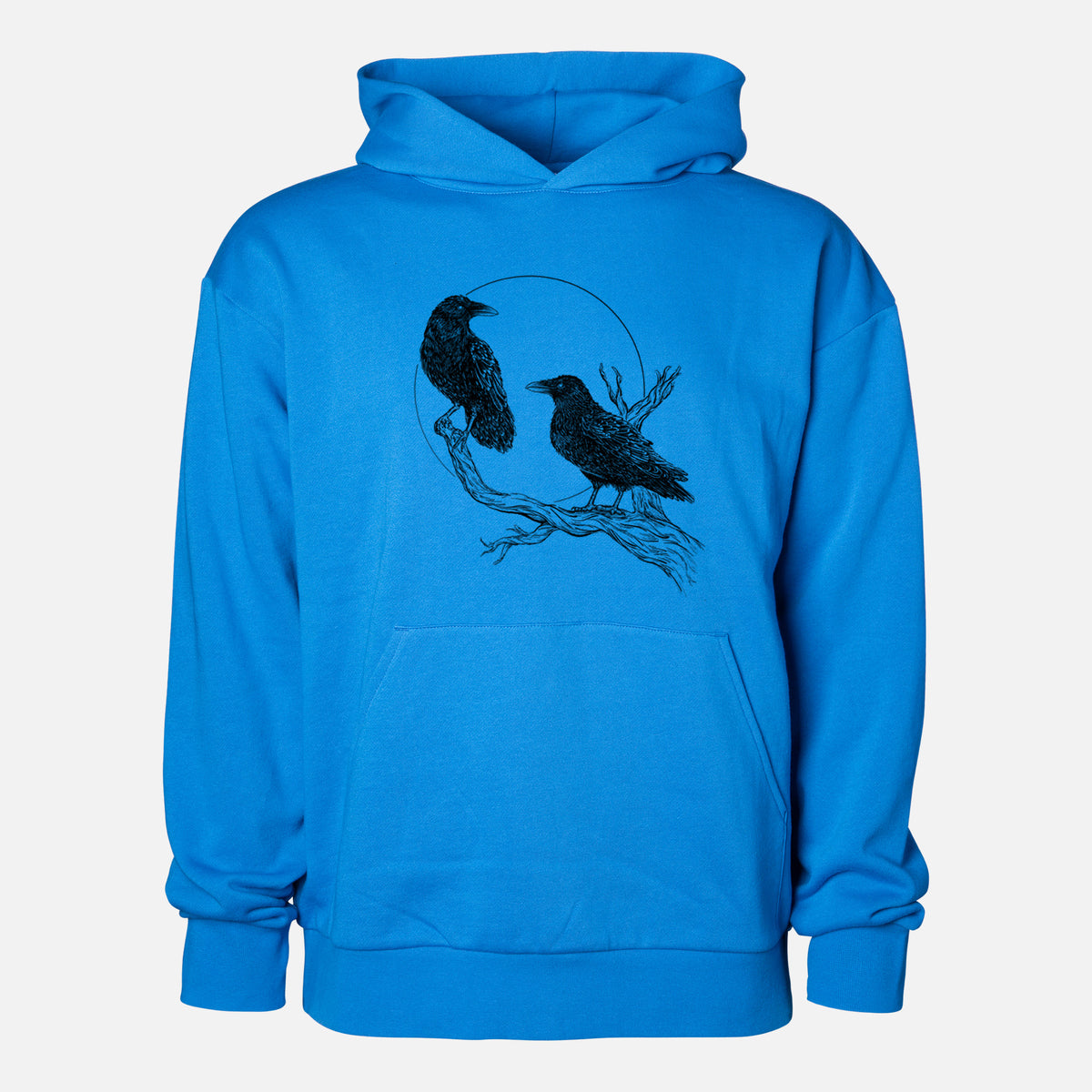 Midnight Ravens - Statement Midweight Hoodie in Azure Blue, shown from the front with the design printed on the chest above a front kangaroo pocket.