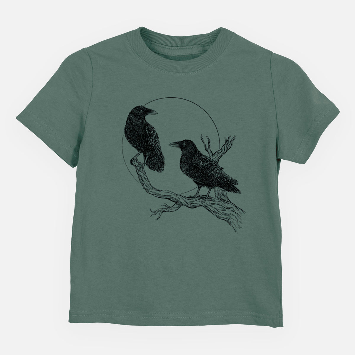 Basil green toddler t-shirt laid flat, printed with a black ink illustration of two ravens perched on a branch in front of a full moon.