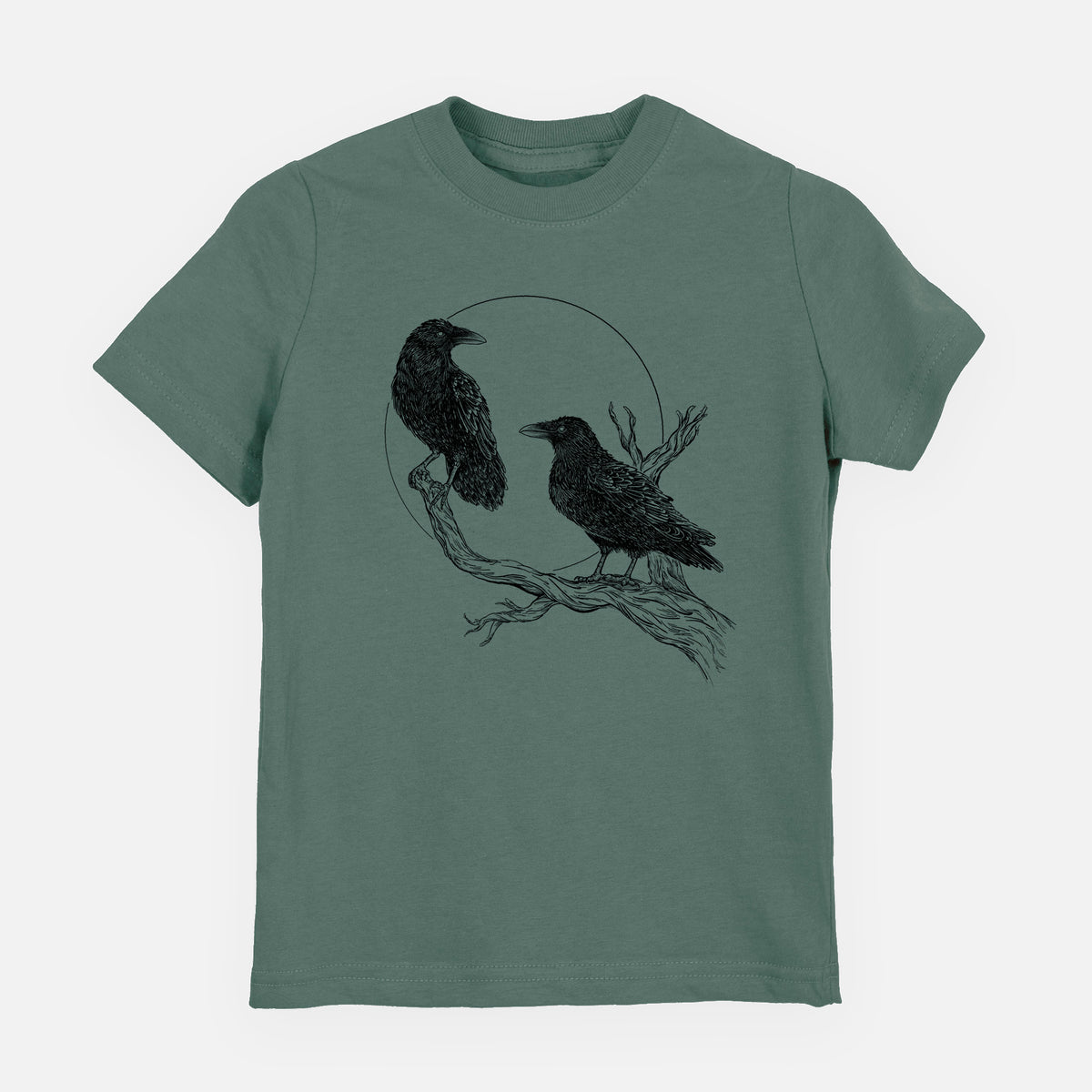 Basil green youth t-shirt laid flat, printed with a black ink illustration of two ravens perched on a branch in front of a full moon.