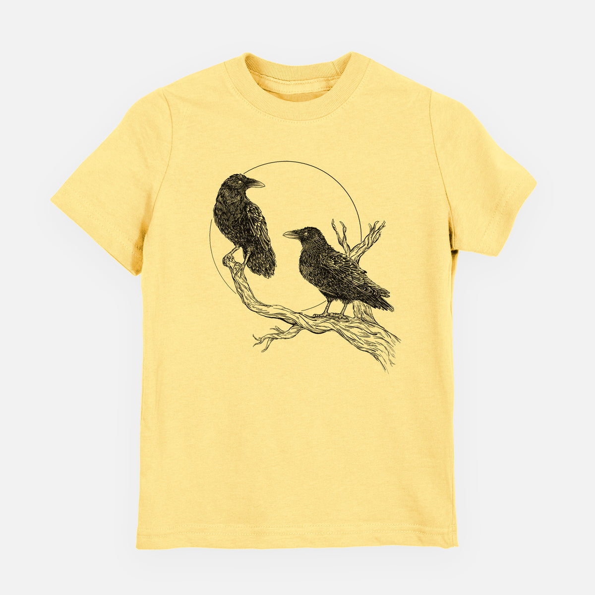 Butter yellow youth t-shirt laid flat, printed with a black ink illustration of two ravens perched on a branch in front of a full moon.
