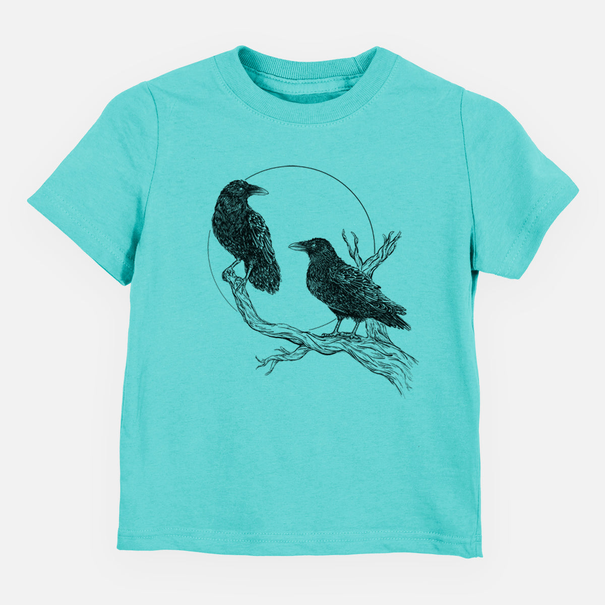 Caribbean blue toddler t-shirt laid flat, printed with a black ink illustration of two ravens perched on a branch in front of a full moon.