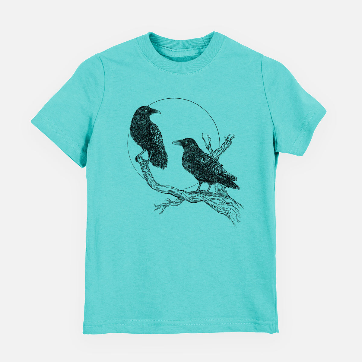 Caribbean blue youth t-shirt laid flat, printed with a black ink illustration of two ravens perched on a branch in front of a full moon.