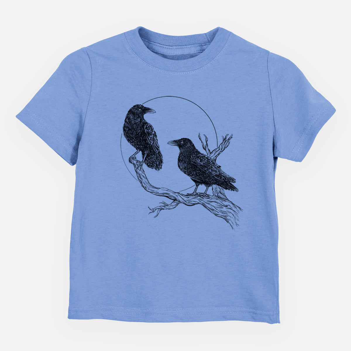 Carolina blue toddler t-shirt laid flat, printed with a black ink illustration of two ravens perched on a branch in front of a full moon.