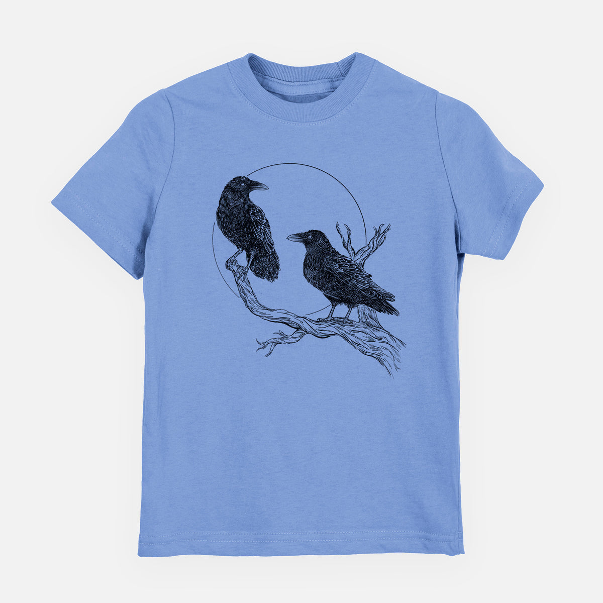 Carolina blue youth t-shirt laid flat, printed with a black ink illustration of two ravens perched on a branch in front of a full moon.