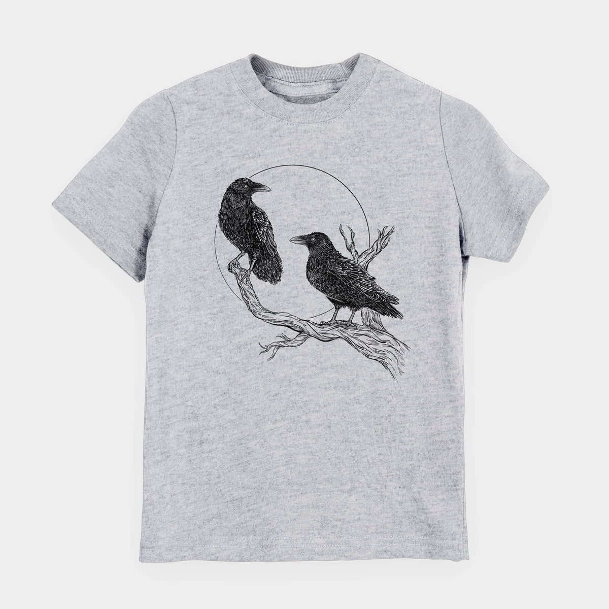 Heather grey youth t-shirt laid flat, printed with a black ink illustration of two ravens perched on a branch in front of a full moon.