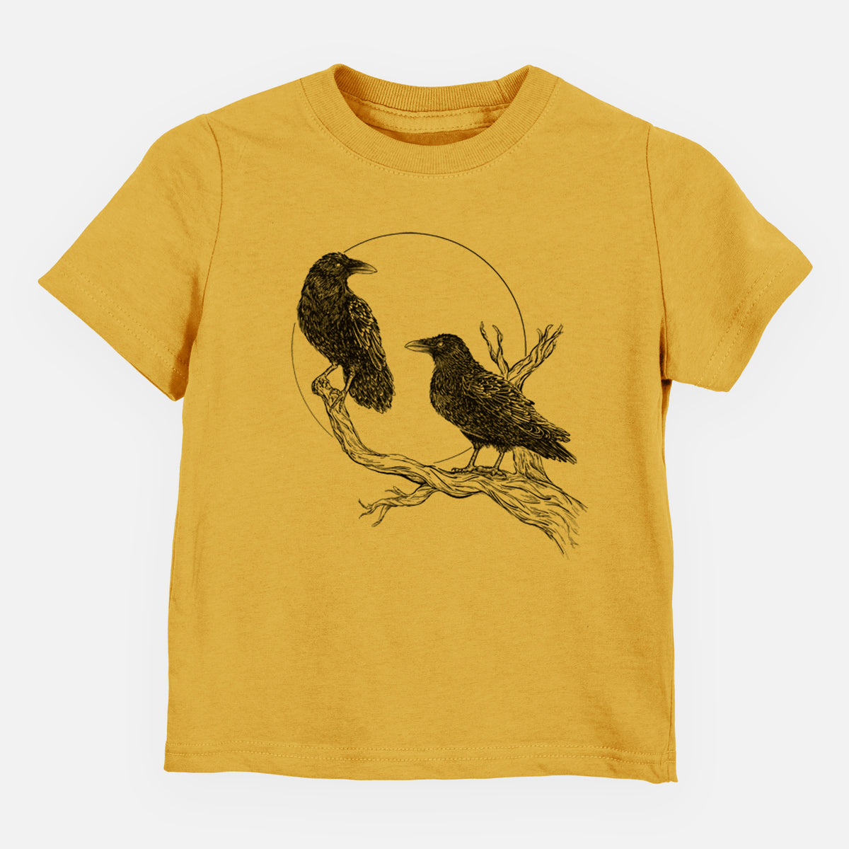 Honeycomb yellow toddler t-shirt laid flat, printed with a black ink illustration of two ravens perched on a branch in front of a full moon.