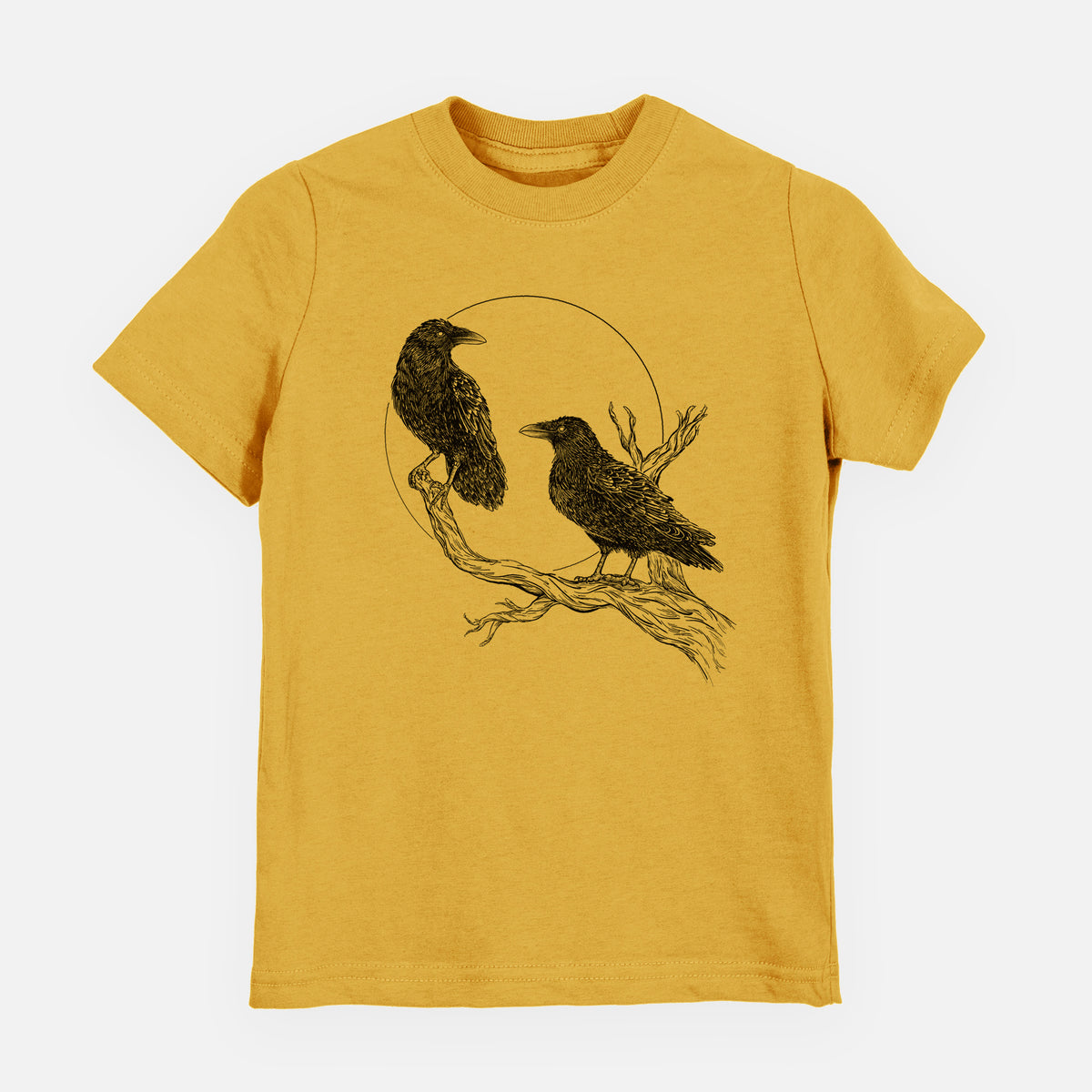 Honeycomb yellow youth t-shirt laid flat, printed with a black ink illustration of two ravens perched on a branch in front of a full moon.