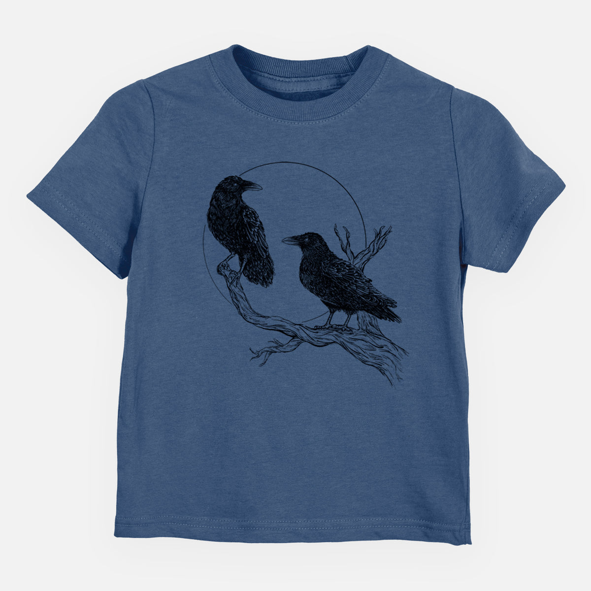 Indigo blue toddler t-shirt laid flat, printed with a black ink illustration of two ravens perched on a branch in front of a full moon.