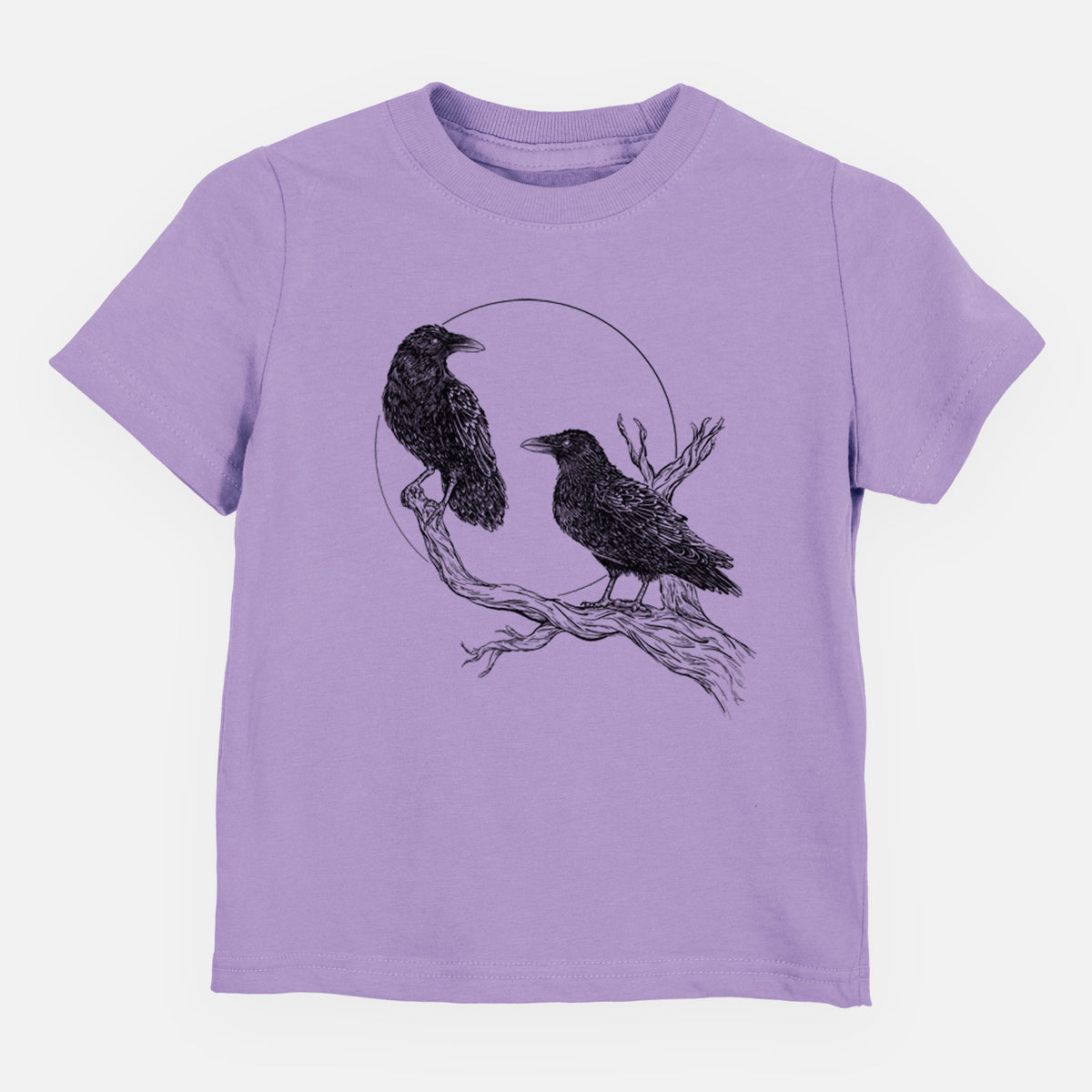 Lavender toddler t-shirt laid flat, printed with a black ink illustration of two ravens perched on a branch in front of a full moon.