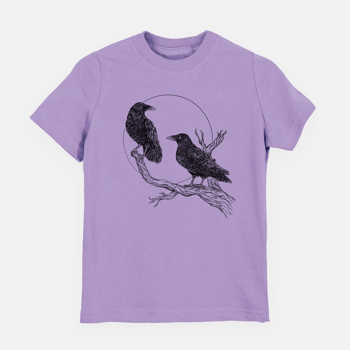 Lavender youth t-shirt laid flat, printed with a black ink illustration of two ravens perched on a branch in front of a full moon.