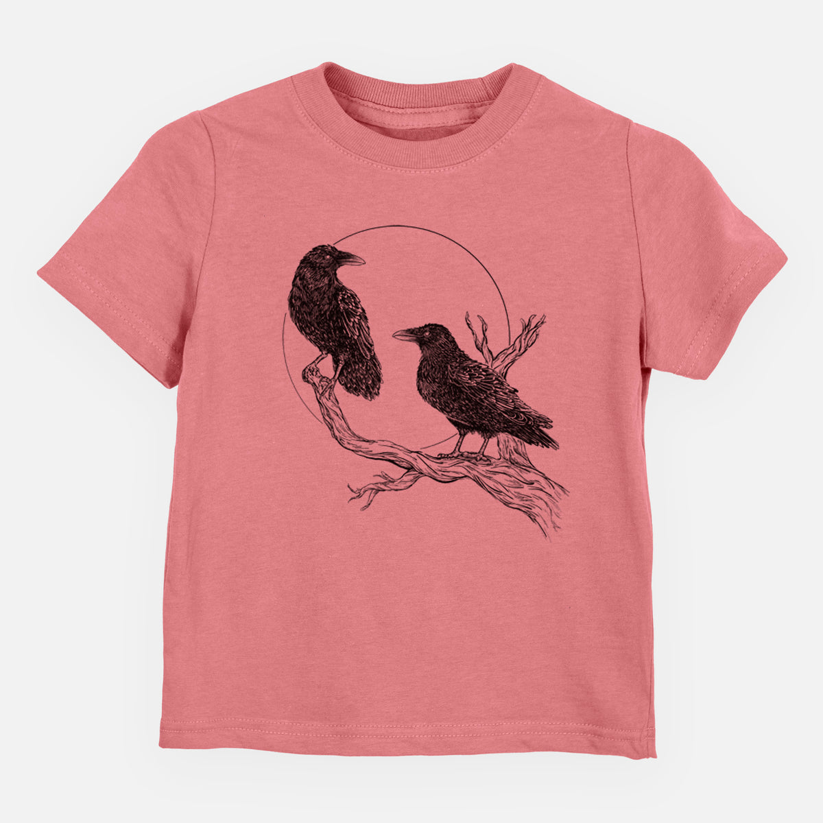 Mauve pink toddler t-shirt laid flat, printed with a black ink illustration of two ravens perched on a branch in front of a full moon.
