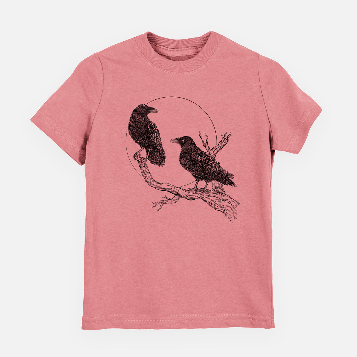 Mauve pink youth t-shirt laid flat, printed with a black ink illustration of two ravens perched on a branch in front of a full moon.